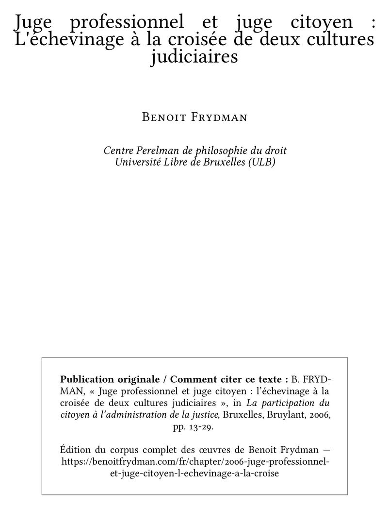 Juge professionnel et juge citoyen : L'échevinage à la croisée de deux cultures judiciaires