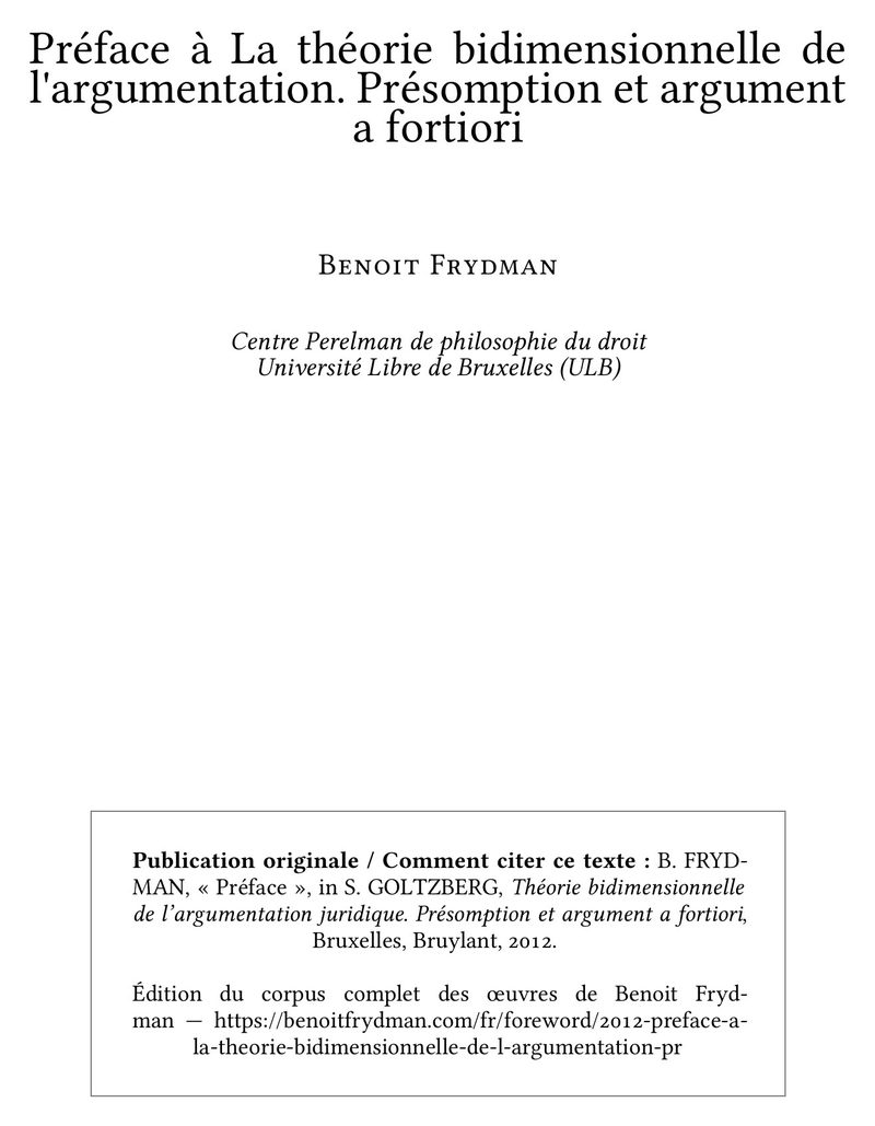 Préface à La théorie bidimensionnelle de l'argumentation. Présomption et argument a fortiori