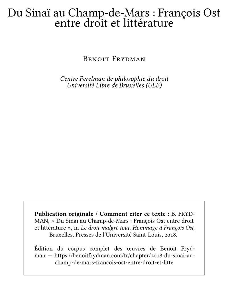 Du Sinaï au Champ-de-Mars : François Ost entre droit et littérature
