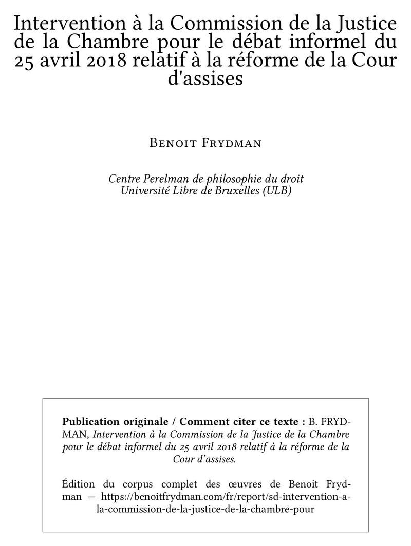 Intervention à la Commission de la Justice de la Chambre pour le débat informel du 25 avril 2018 relatif à la réforme de la Cour d'assises