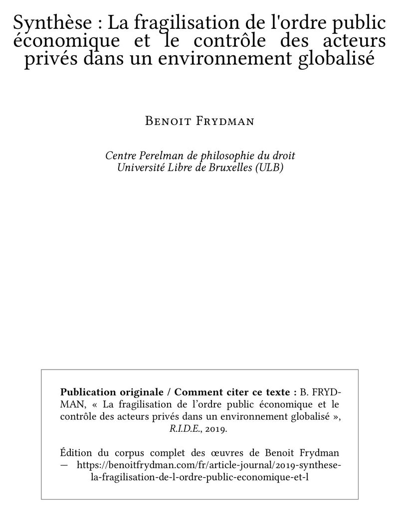 Synthèse : La fragilisation de l'ordre public économique et le contrôle des acteurs privés dans un environnement globalisé