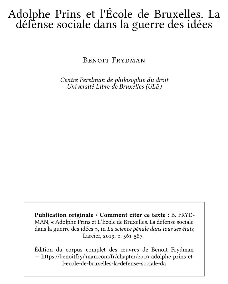 Adolphe Prins et l'École de Bruxelles La défense sociale dans la guerre des idées