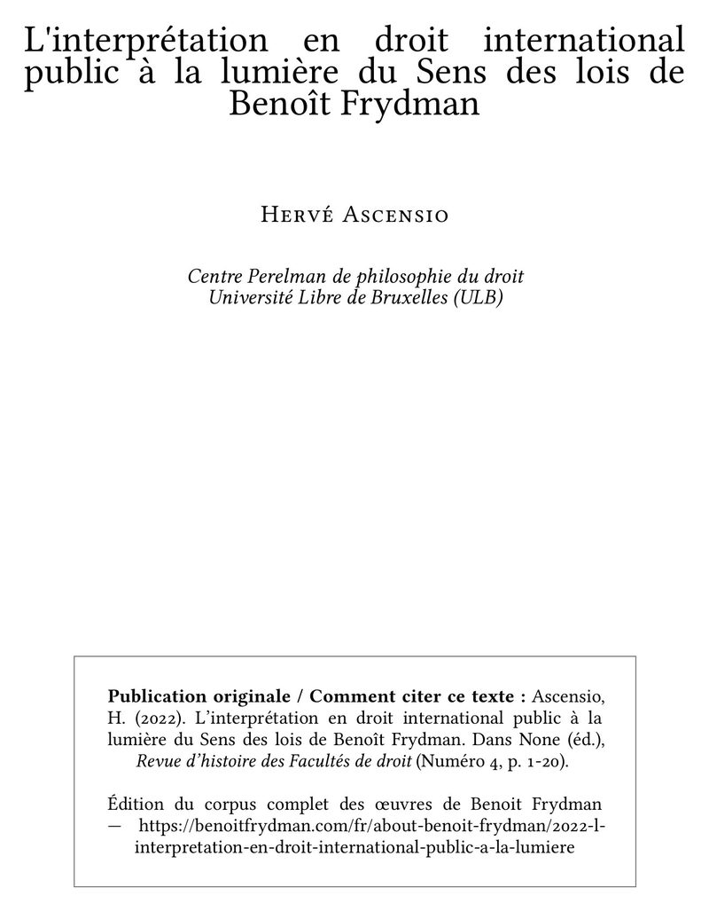 L'interprétation en droit international public à la lumière du Sens des lois de Benoît Frydman