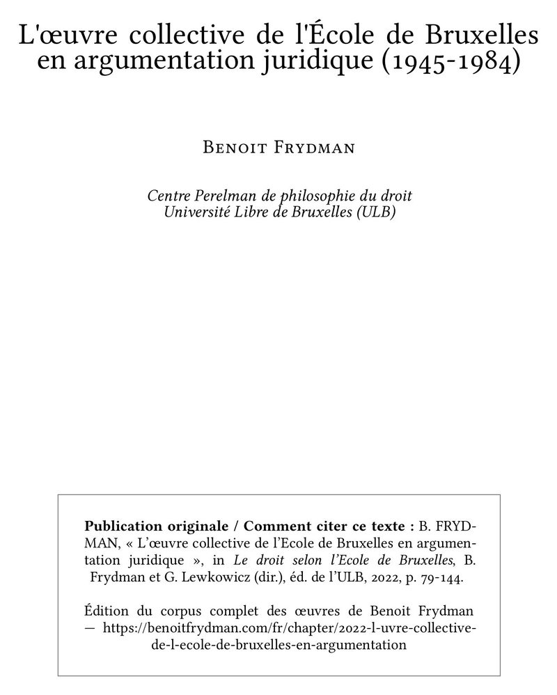 L'œuvre collective de l'École de Bruxelles en argumentation juridique (1945-1984)