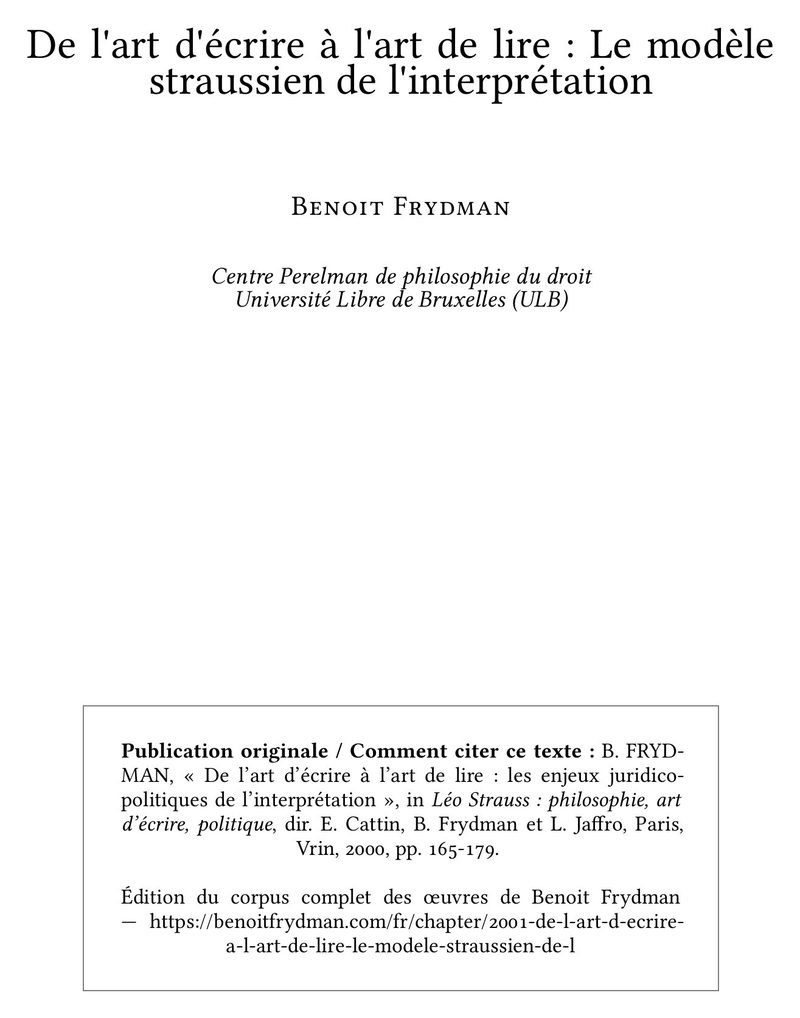 De l'art d'écrire à l'art de lire : Le modèle straussien de l'interprétation