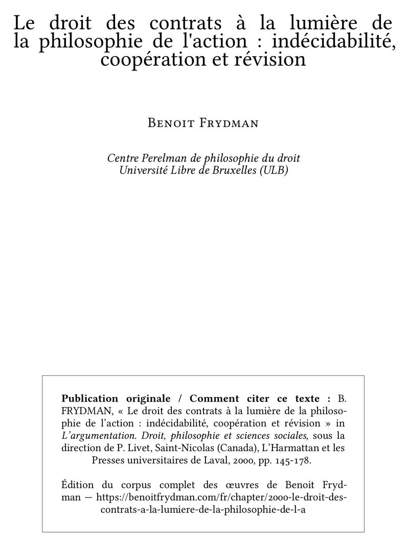 Le droit des contrats à la lumière de la philosophie de l'action : indécidabilité, coopération et révision
