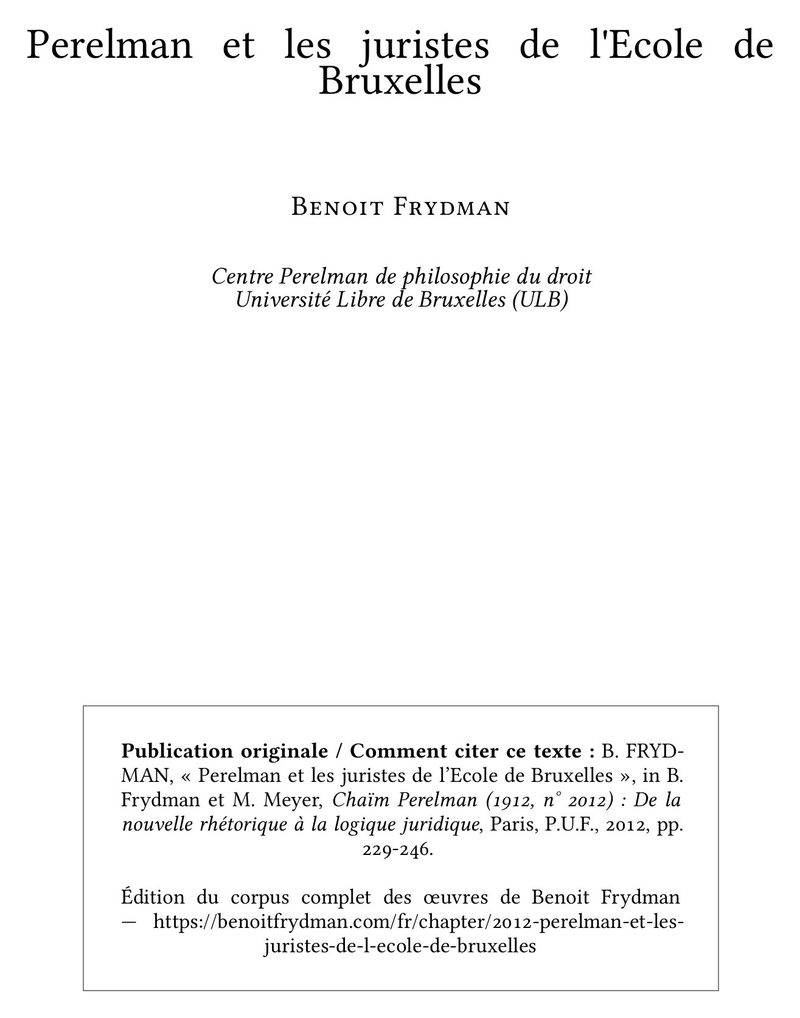 Perelman et les juristes de l'Ecole de Bruxelles